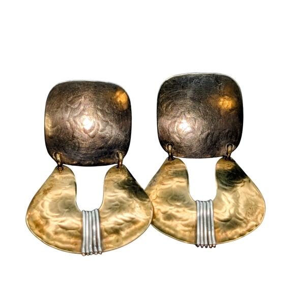 Marjorie Baer SF Signed Brass Mixed Metal Modern Dangle Drop Clip On Earrings - Picture 8 of 8